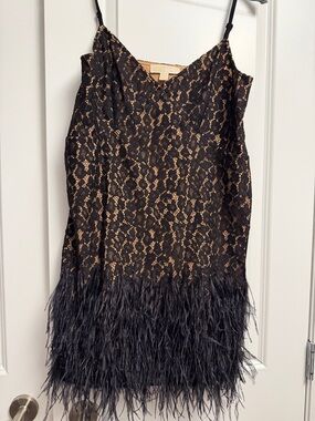 MICHAEL Michael Kors Black Lace with Nude Lining Feather-Hem Dress